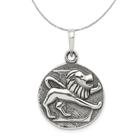 Sterling Silver Leo the Lion Zodiac Embossed Circle Necklace - 18 Inch